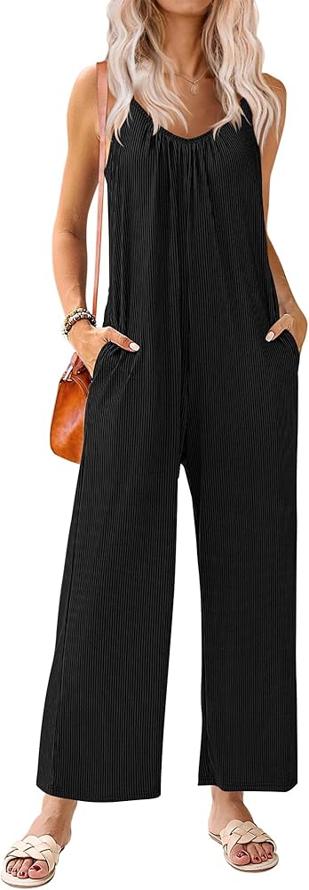 Ekouaer Jumpsuits for Women Loose Sleeveless Adjustable Spaghetti Strap Romper Stretchy Wide Leg Pants Outfits with Pockets