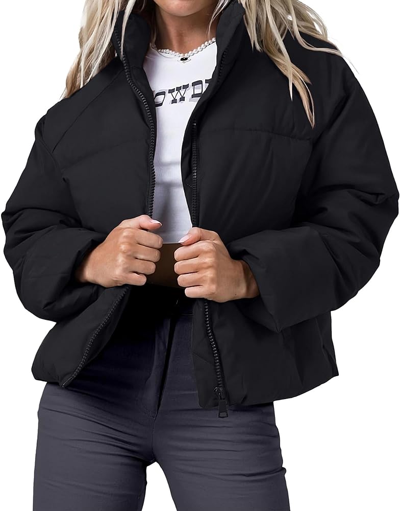 Women's Winter Cropped Puffer Jacket 2023 Long Sleeve Lightweight Zip Short Jacket Coat with Pockets