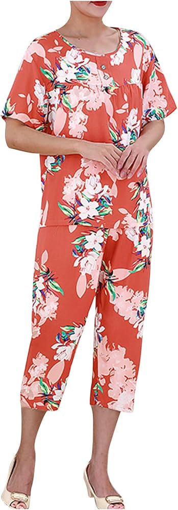 Women 2 Piece Capri Outfits Cute Floral Casual Pajamas Sets Lounge Cotton Soft Tunic Tops And Pants For Women Summer