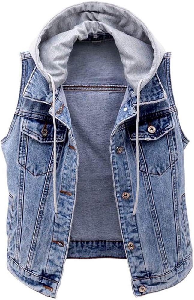 Kedera Women's Distressed Sleeveless Denim Vest with Detachable Hoodie