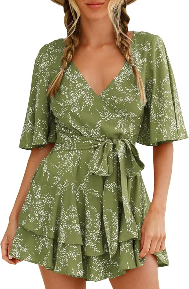 AIMCOO Womens Summer Short Flared Sleeve Romper V Neck Floral Print Jumpsuit Waist Tie Layer Ruffle Hem Dress Look Rompers