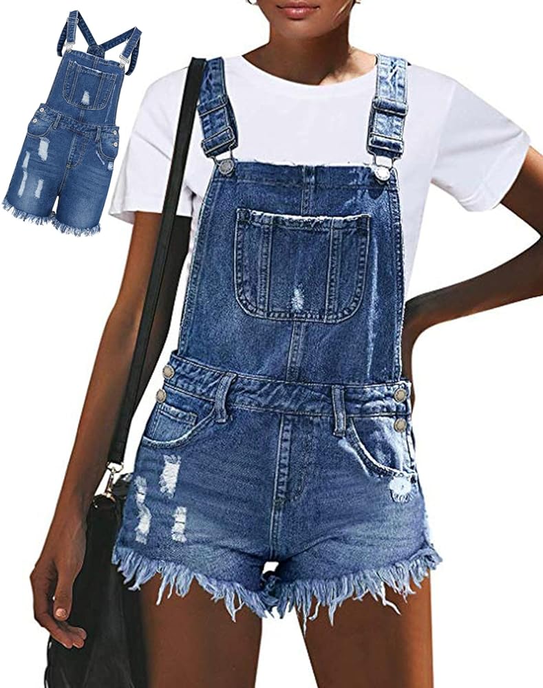 RINTONIX Womens Distressed Denim Overall Shorts Jumpsuits with Pockets Ripped Raw Hem Jean Bid Shortall Romper