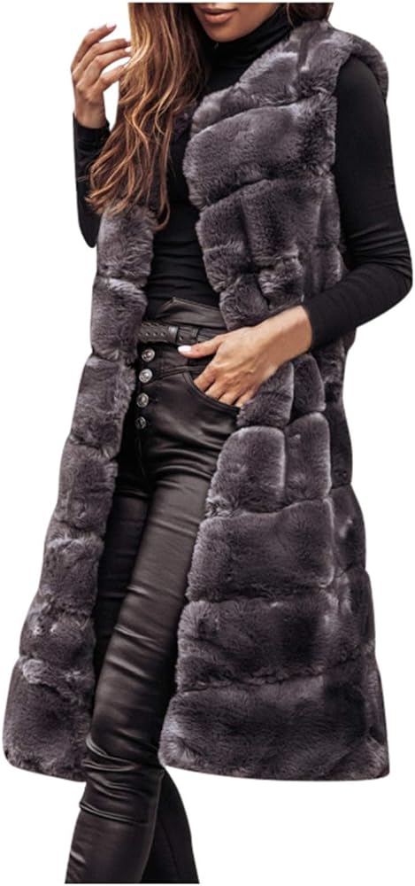 Women Faux Fur Vest Shearling Hooded Winter Thick Warm Fuzzy Waistcoat Sleeveless Jacket Coat Outerwear