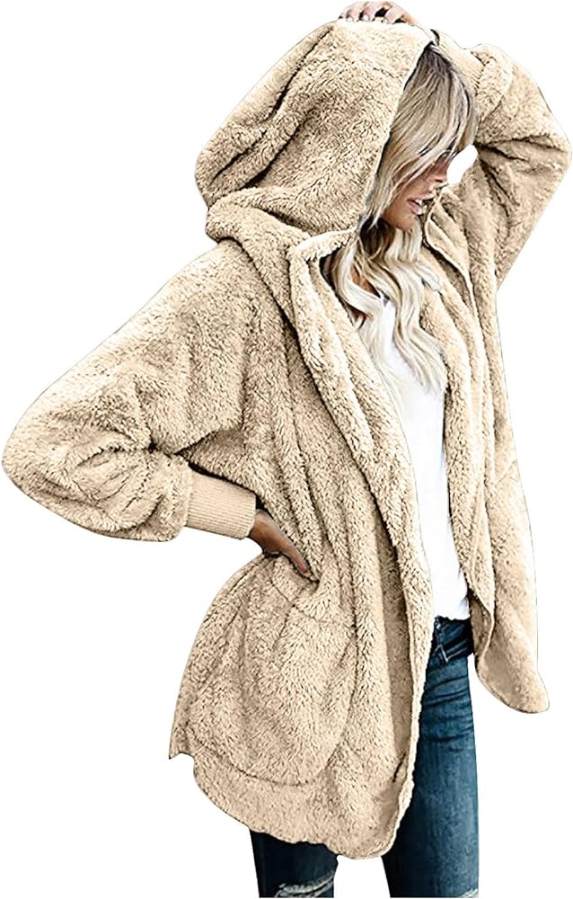 SHOPESSA Fashion Outwear for Women Oversized Long Sherpa Coat Fuzzy Fleece Open Front Hooded Cardigan Jacket Faux Fur Outfit