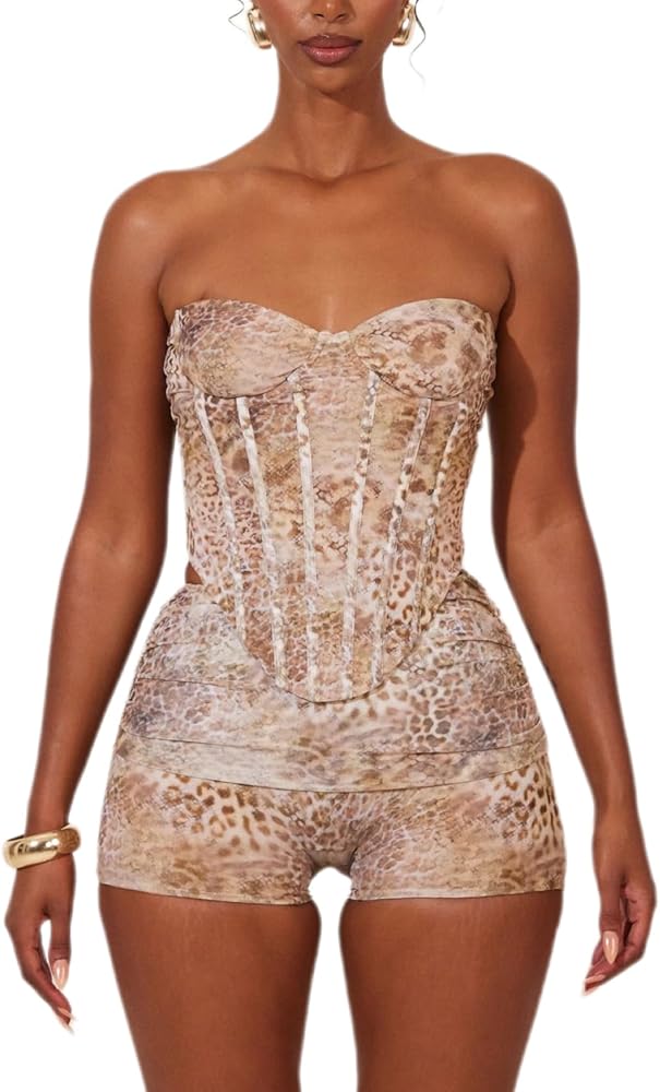 ksotutm Leopard Print Womens Two Piece Outfits Corset Tube Top with Sexy Shorts Going Out Outfits for Women