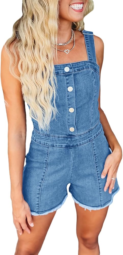 PLNOTME Womens Cute Denim Rompers Summer Square Neck Adjustable Straps Button Up Front Jeans Short Jumpsuits