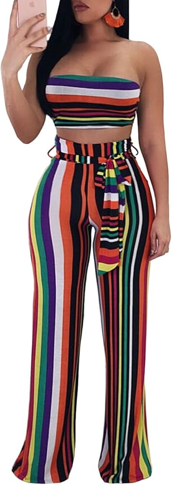 Ophestin Womens Solid Color 2 Piece Outfits Jumpsuits Smocked Tube Crop Top Ruched Wide Leg Pants Set