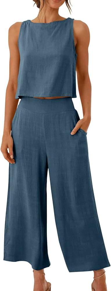 Linen Sets Women 2 Piece Outfits Dressy Trendy Vacation Sleeveless Tops Wide Leg Pants Matching Outfits Loungewear