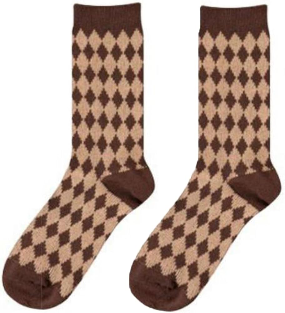 Women Thicken Warm Crew Socks College Style Geometry Argyle Stripe Hosiery