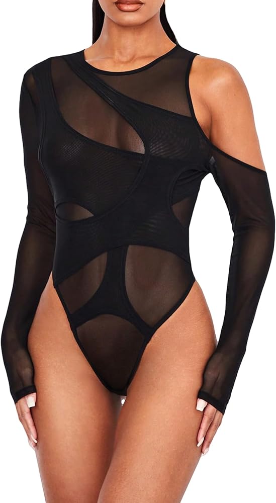 Verdusa Women's Mesh See Through Long Sleeve Round Neck Bodysuit Leotard Top Black Large