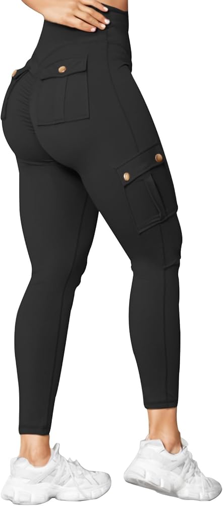 Womens Cargo Leggings High Waisted Tummy Control Stretchy Trousers Workout Hiking Running Yoga Pants with Porkets