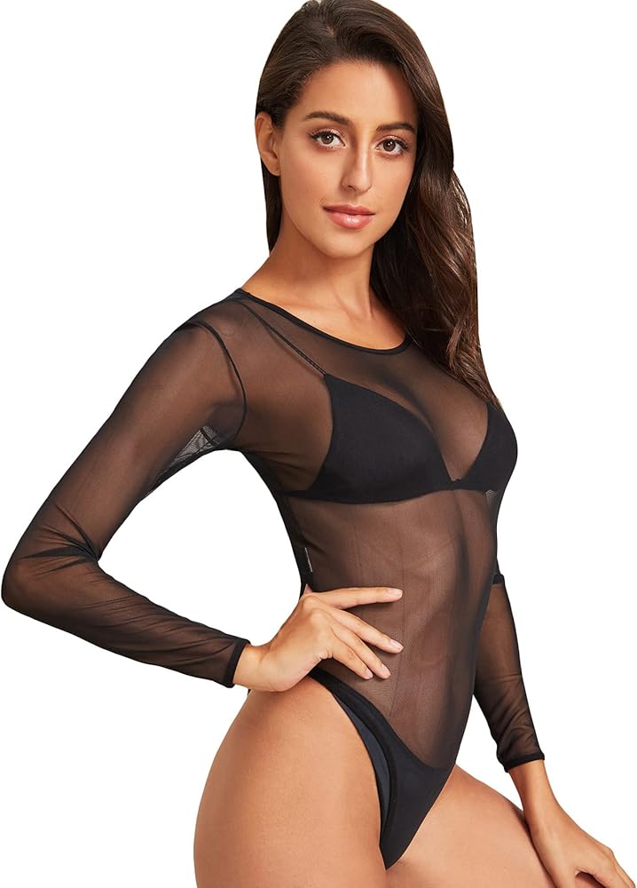 WDIRARA Women's Mesh See Through Long Sleeve Sexy Sheer Fitted Party Bodysuit Top