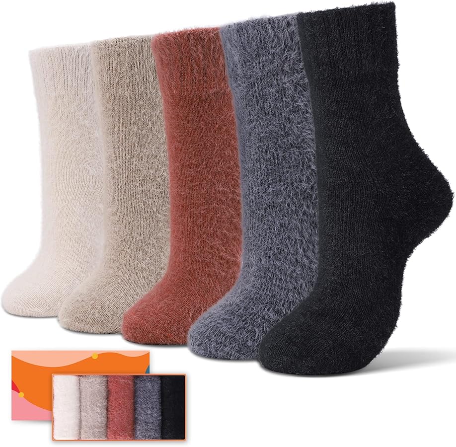 ICEIVY 5 Pairs Thick Fuzzy Socks for Women Winter Warm Wool Socks Soft Cozy Womens Knit Sleep Socks with Gifts Box