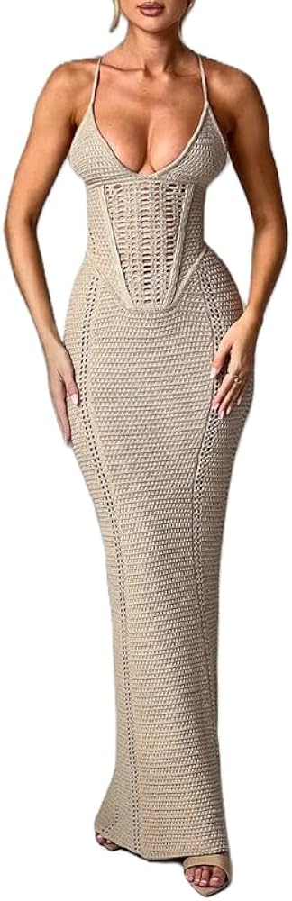 Women Crochet Cover Ups Maxi Dress Hollow Out Backless Long Beach Dress See Through Sexy Side Split Sundress