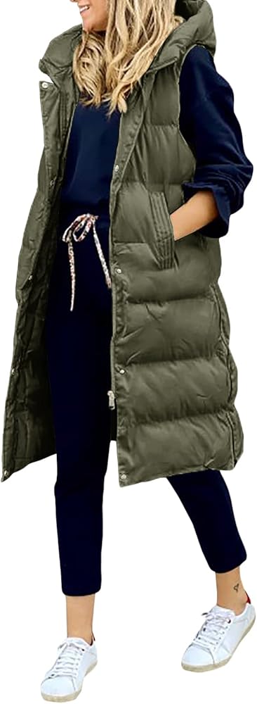 Women's Long Puffer Vest Hooded Coats Thick Sleeveless Full-Zip Jacket Fall Winter Coat Outerwear with Pockets