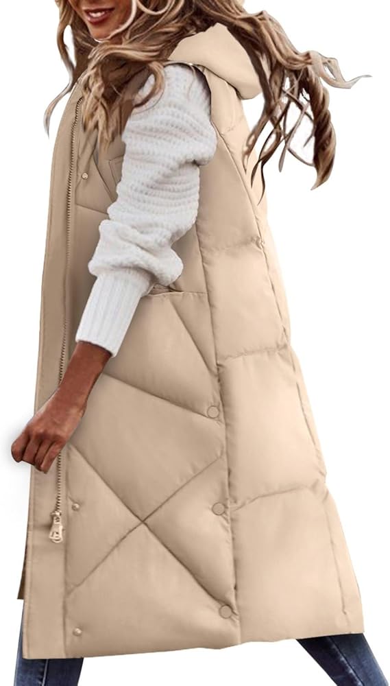 Womens Winter Puffer Long Vest Thicken Quilted Jacket Warm Vest Puffer Sleeveless Coats Zipper Cotton-padded Outerwear