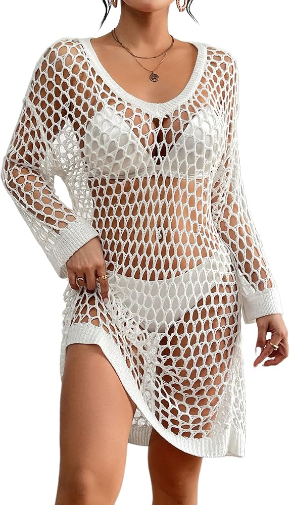 Bsubseach Womens Crochet Swimsuit Cover Ups Long Sleeve Beach Dress Coverup Hollow Out Knit Beachwear