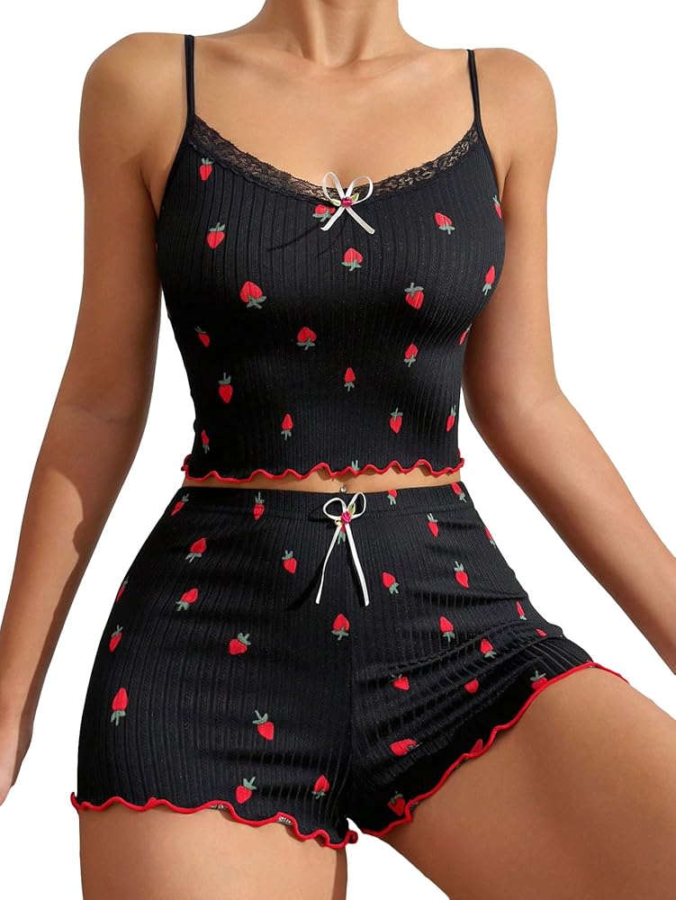 SOLY HUX Women's Pajama Set Strawberry Print Lace Trim Cami Top and Shorts Lounge Sets Sleepwear