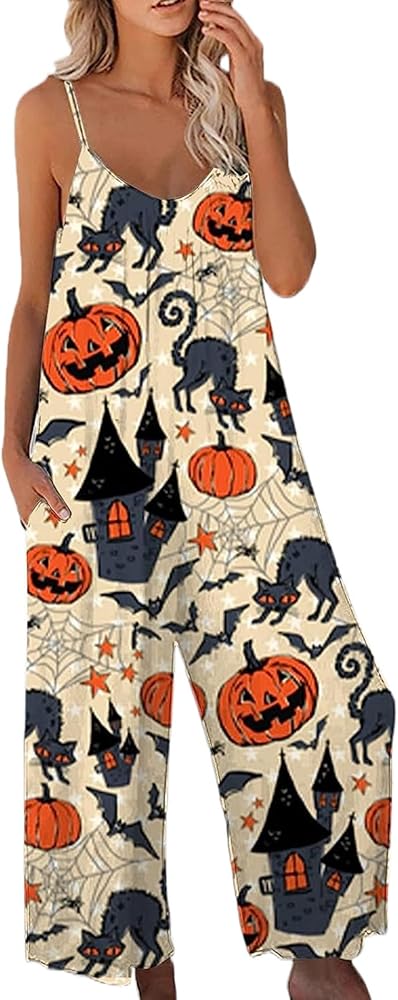 Halloween Jumpsuits for Women Pumpkin Skull Printed Sleeveless Loose Fit Spaghetti Strap One-piece Romper Overalls