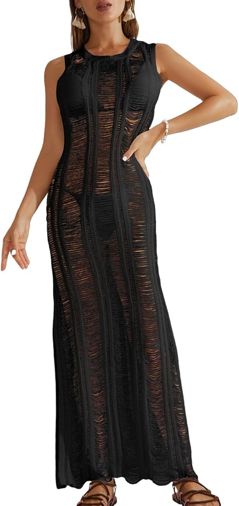 Bsubseach Tassel Sexy Bikini Cover Up for Women Sleeveless Long Dress Crochet Beachwear