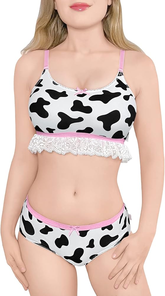 Littleforbig Lacy Trim Women Nightwear Strap Sleepwear Cami Top Shorts Lingerie Bralette Loungewear Set - Milk Cow