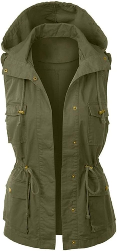 Womens Hooded Vest Jacke Casual Military Utility Sleeveless Coat Lightweight Drawstring Hoodies Jacket with Pockets