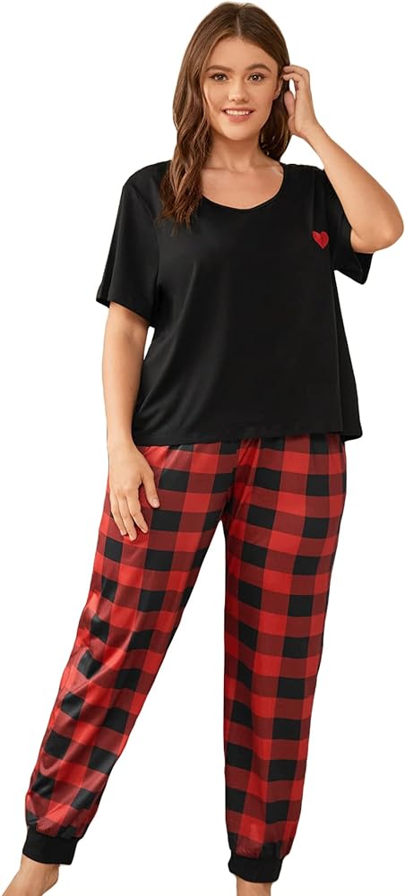 OYOANGLE Women's Plus Size Two-Piece Short Sleeve Pajama Set Tshirt and plaid Pants Lounge Set Sleepwear