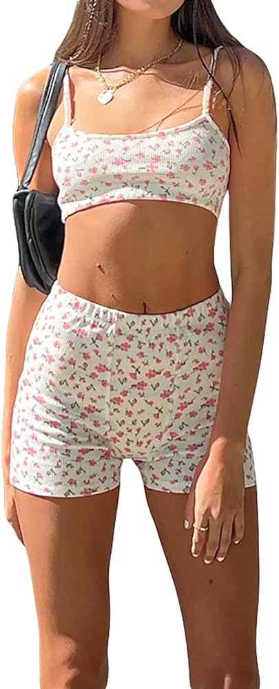 Women Shorts Pjs Set 2piece Floral Printed Cami Crop Top and Biker Shorts Set Y2k Strap Top Shorts Sleepwear Set(White,Small)