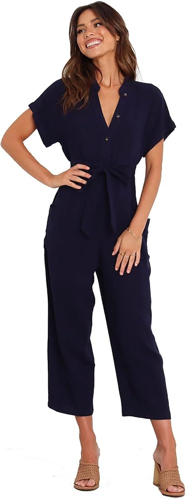 Women Short Sleeve Jumpsuits Casual Loose Summer Rompers Boho Wide Leg Overalls with Pockets