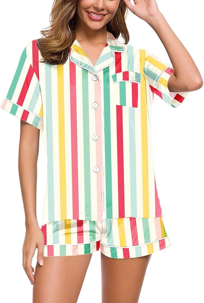 2 Piece Y2k Pj Sets Pajamas Womens Rainbow Stripes Short Sleeve Sleepwear Soft Button Down Loungewear Pjs Shorts Set