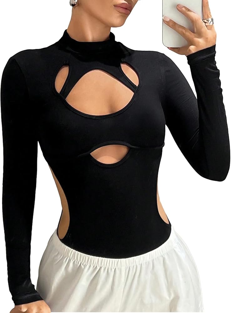 GORGLITTER Women's Cut Out Mock Neck Bodysuit Sexy Long Sleeve Leotard Tops