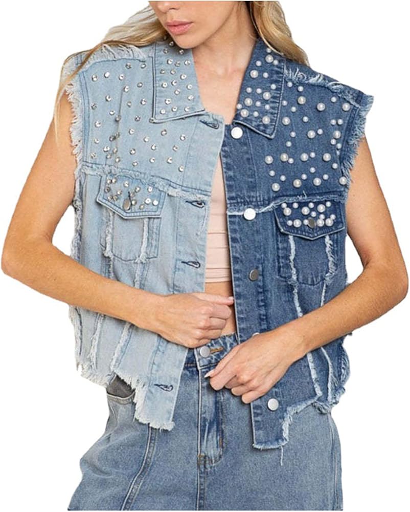 Womens Beading Pearls Denim Vest Button Sleeveless Cropped Jean Jacket