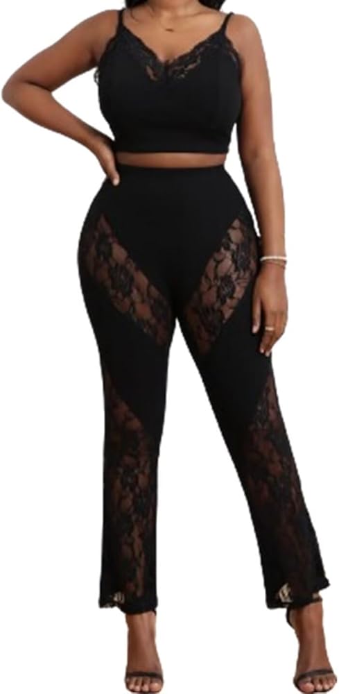 Vssjavun Women's Two Piece Outfits Sexy Camisole Lace Tops Casual Flare Bell Bottom Long Pant Sets