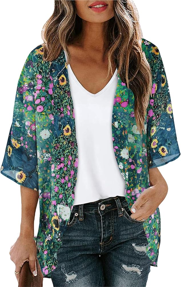 Women's Floral Cardigan Coverups Bohemian Kimono Loose Cover Up Tops Beach Swimsuit Puff Sleeve Blouse Female Chiffon Summer