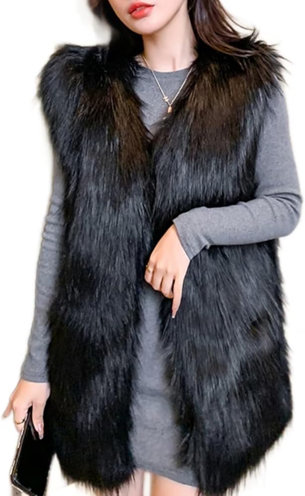 Women's Faux Fur Vest Long Coat Sleeveless Jacket Girls Winter Fluffy Warm Outwear Plush Overcoat with Pockets