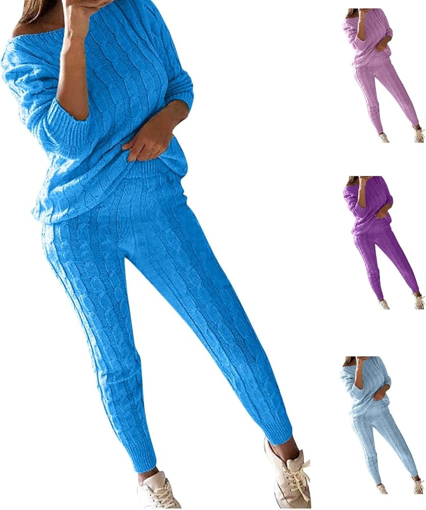 Women's Pajama Sets Solid Crew Neck Cable Knitted Warm 2Pc Loungewear Suit Sets, S-5XL