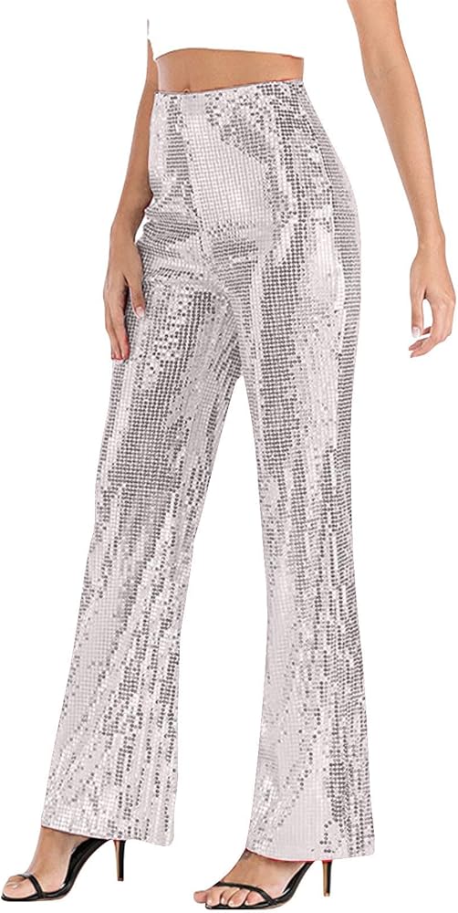 Sequin Pants Women Metallic Sparkly Palazzo Pants High Waisted Glitter Party Clubwear Bell Bottoms Wide Leg Pants