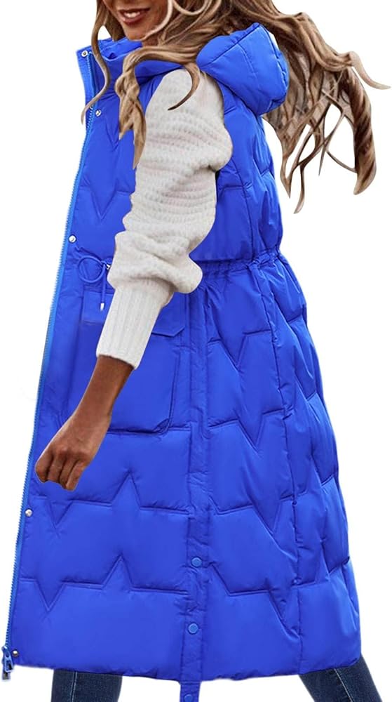 Bilqis Women's Long Puffer Vest Plus Size Zipper Quilted Down Vest Lightweight Sleeveless Winter Coats Hooded Warm Outerwear