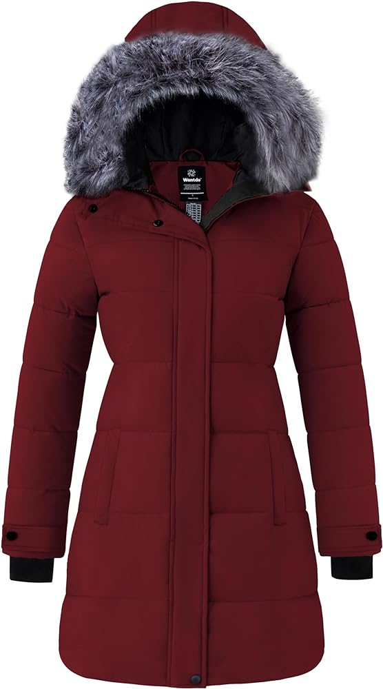 wantdo Women's Long Quilted Winter Coat Thicken Puffer Jacket with Faux Fur Hood