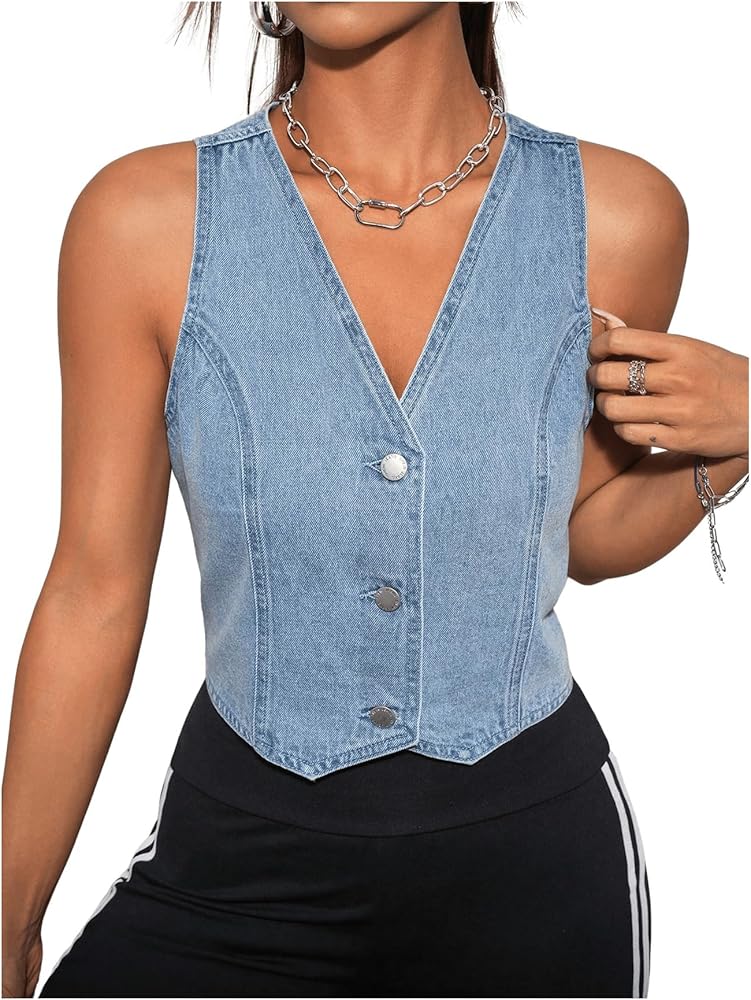 WDIRARA Women's V Neck Sleeveless Crop Denim Vest Button Down Asymmetrical Waistcoat Jean Jacket