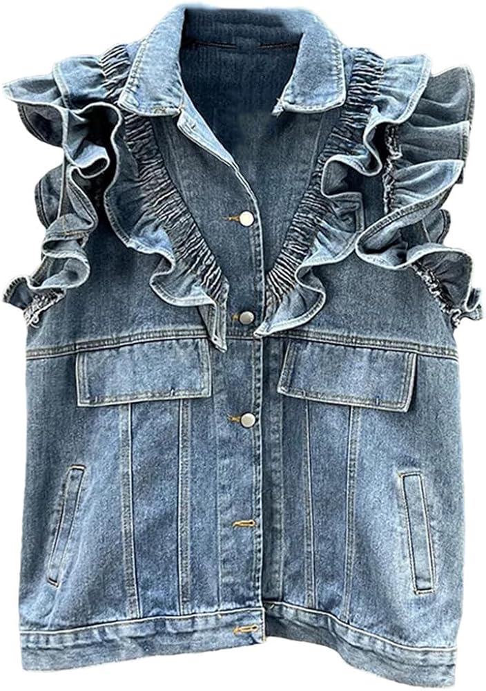 Denim Vest Women Ruffle Spliced Fashion Streetwear Single Breasted Sleeveless Jacket