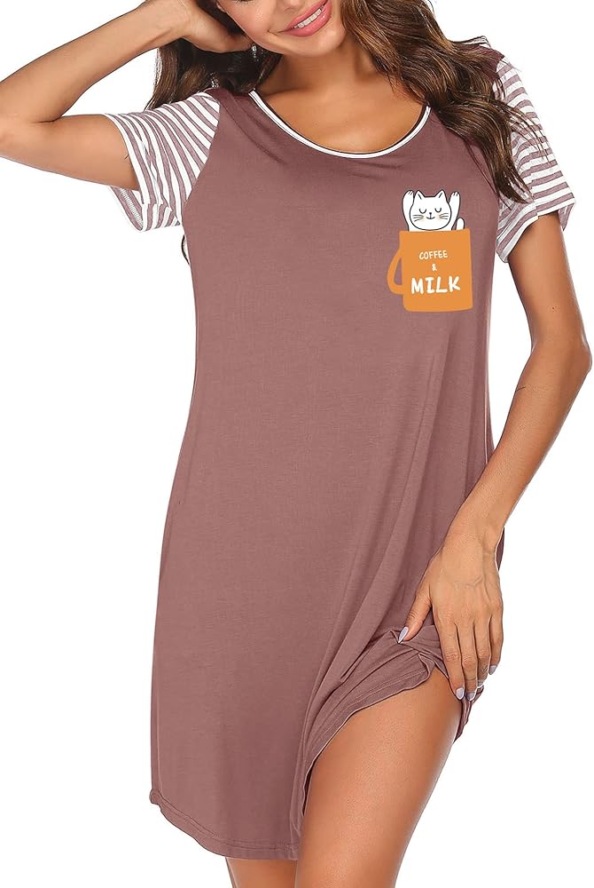 Ekouaer Nightgown For Woman Night Dress Short Sleeve Printed Sleep Shirt With Pocket Sleepwear Soft S-XXXL