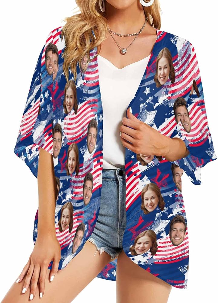 Custom Face Women's kimono Cardigan, Personalized Print Swim Cover Ups, Chiffon Hawaiian Beachwear Summer Tops