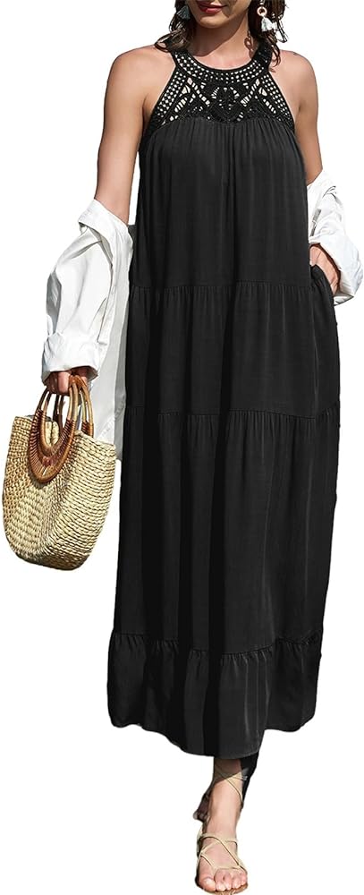 Dokotoo Womens Casual Lace Crewneck Sleeveless Hollow Out Flowy Sundresses Beach Halter Maxi Dresses with Pockets