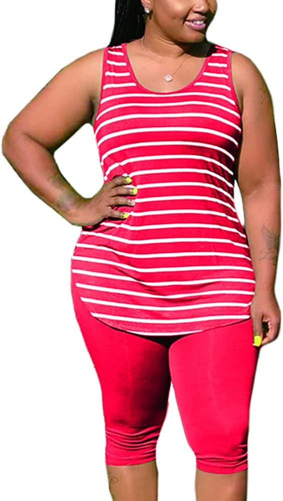 Women's Plus Size Stripe Sets - Tank T-Shirt Tops + Elastic Shorts 2 Piece Casual Sportswear