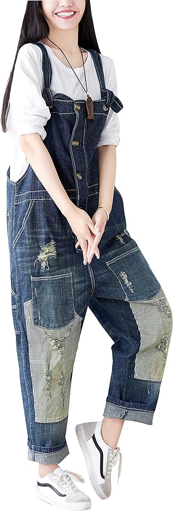 Yeokou Women's Loose Baggy Denim Wide Leg Drop Crotch Jumpsuit Rompers Overalls