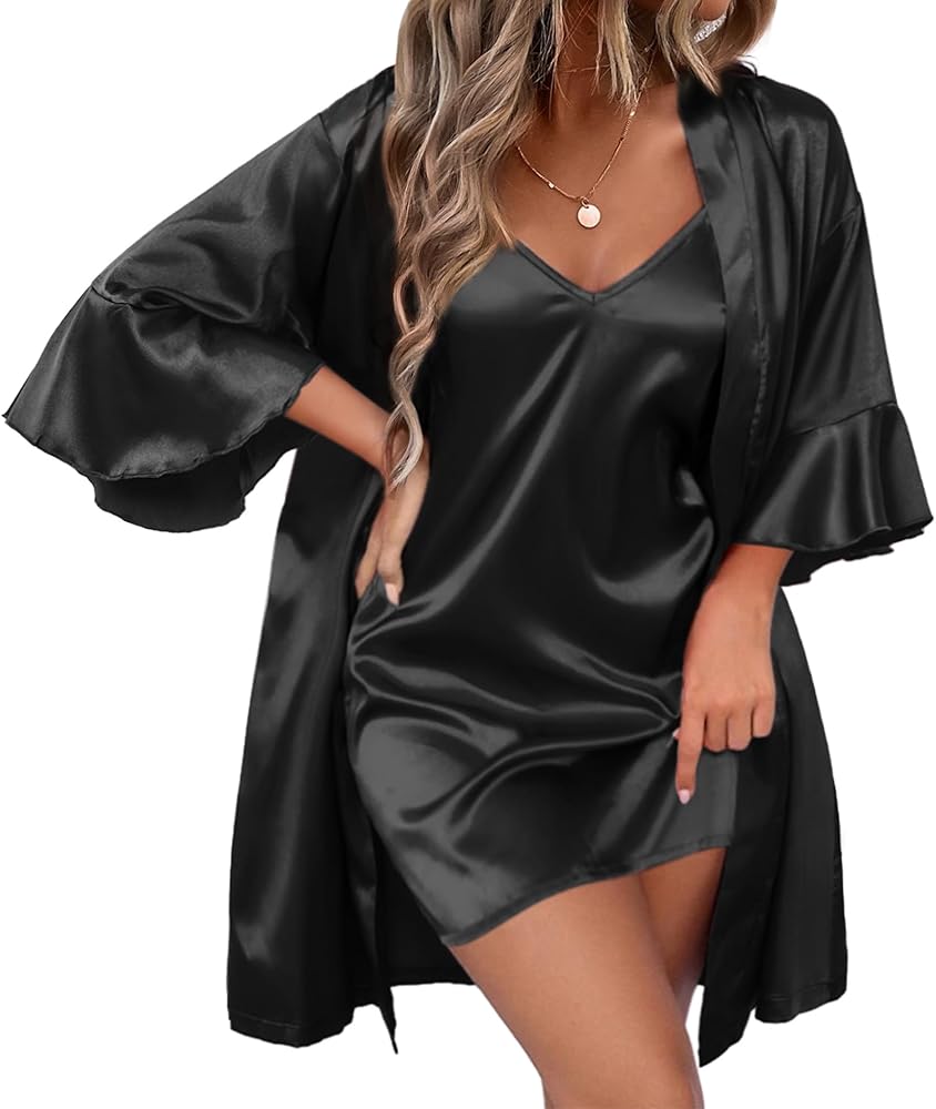 Ekouaer Women's Silk Robe Set V-neck 2 Piece Bridal Party Robes and Satin Bathrobe Set with Pockets