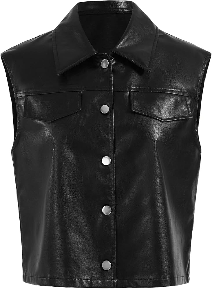 WDIRARA Women's PU Leather Collared Button Up Sleeveless Vest Jacket Casual Waistcoat