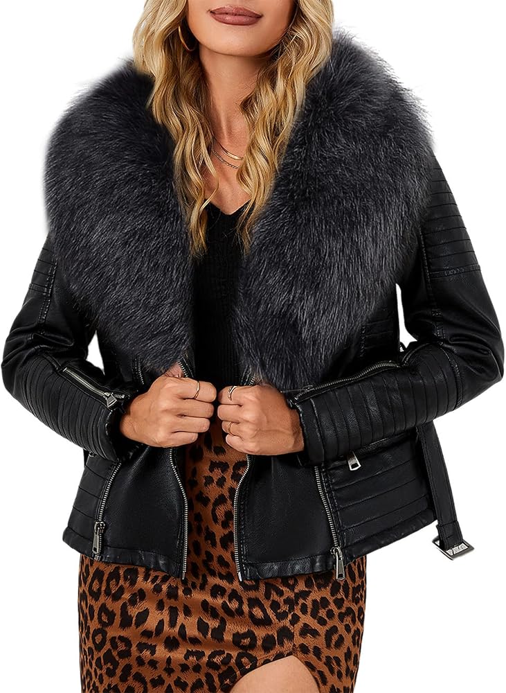 Bellivera Women's Faux Leather Jacket Moto Biker Sherpa-Lined Coat with Removable Fur Collar