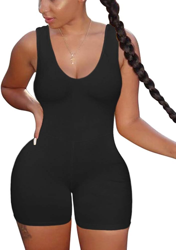 Women's Sexy One Piece Sleeveless V Neck Tank Top Rompers Short Bodycon Jumpsuit